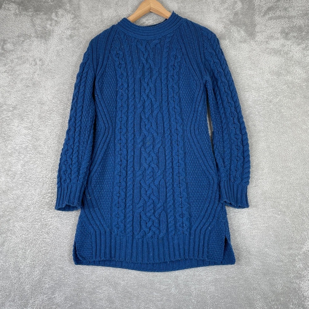 Aran Sweater Market Tunic Sweater Womens XS Blue Merino Wool Cable Knit Ireland